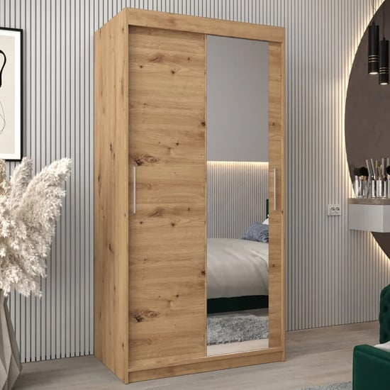Tavira II Mirrored Wardrobe Sliding 2 Doors 100cm In Artisan Oak