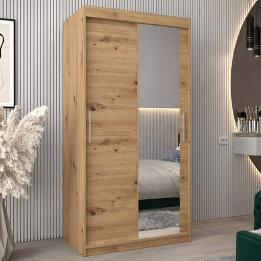 Tavira II Mirrored Wardrobe Sliding 2 Doors 100cm In Artisan Oak