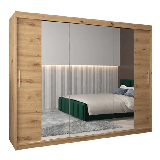 Tavira II 250cm Mirrored Sliding Wardrobe | 3 Doors in Artisan Oak | Furco