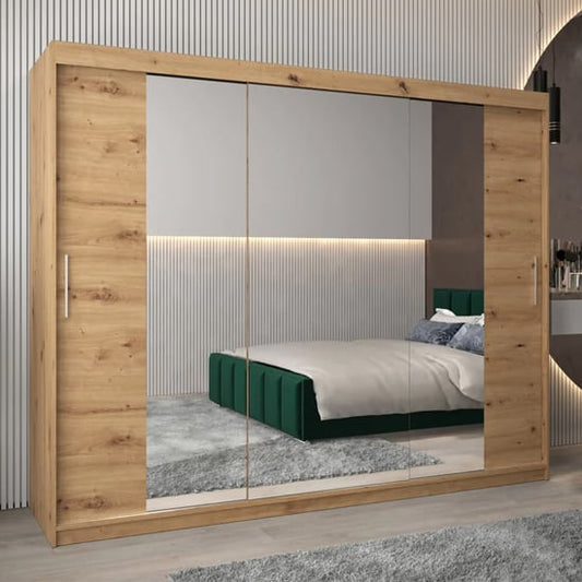 Tavira II 250cm Mirrored Sliding Wardrobe | 3 Doors in Artisan Oak | Furco
