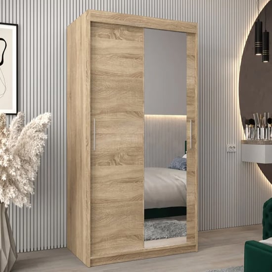 Tavira II Mirrored Wardrobe Sliding 2 Doors 100cm In Sonoma Oak