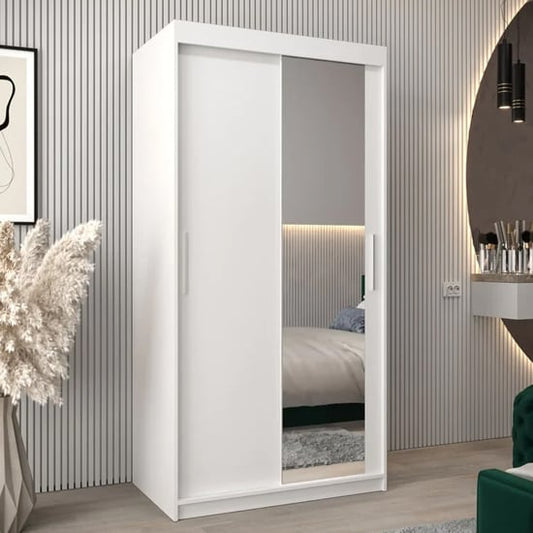 Tavira II Mirrored Wardrobe Sliding 2 Doors 100cm In White