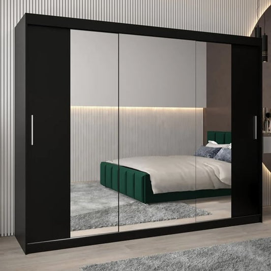 Tavira II 250cm Mirrored Sliding Wardrobe | 3 Doors in Black | Sleek & Modern | Furco