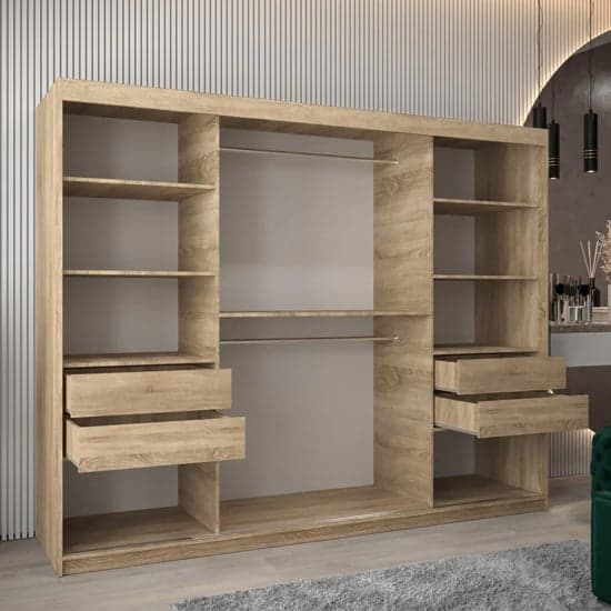 Tavira II 250cm Mirrored Sliding Wardrobe | 3 Doors in Sonoma Oak | Spacious & Natural | Furco