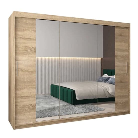 Tavira II 250cm Mirrored Sliding Wardrobe | 3 Doors in Sonoma Oak | Spacious & Natural | Furco