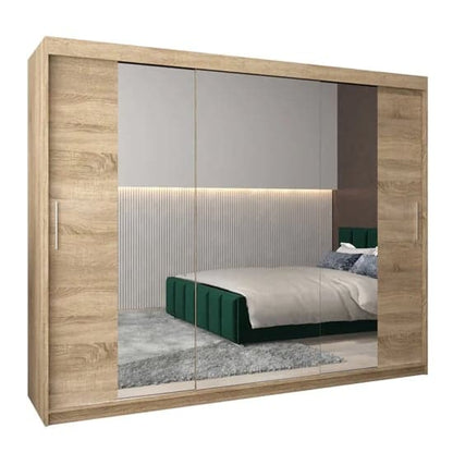 Tavira II 250cm Mirrored Sliding Wardrobe | 3 Doors in Sonoma Oak | Spacious & Natural | Furco