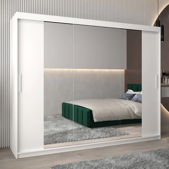 Tavira II 250cm Mirrored Sliding Wardrobe | 3 Doors in White | Clean & Contemporary | Furco