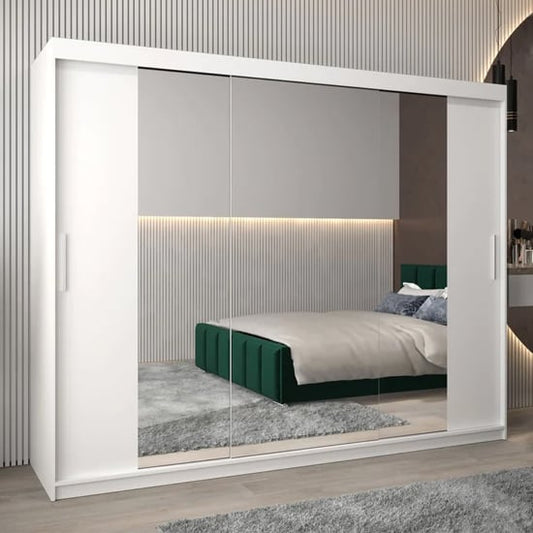 Tavira II 250cm Mirrored Sliding Wardrobe | 3 Doors in White | Clean & Contemporary | Furco