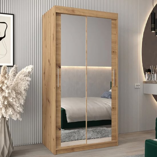 Tavira III 100cm 2 Door Mirrored Sliding Wardrobe | Artisan Oak | Rustic Charm | Furco