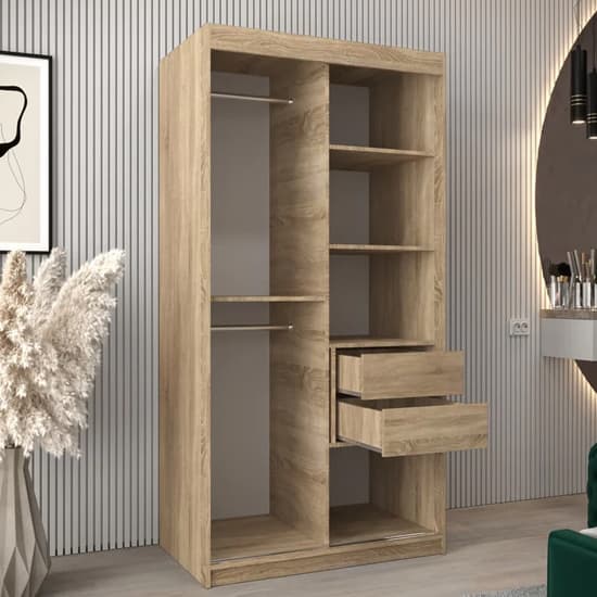 Tavira III 100cm 2 Door Mirrored Sliding Wardrobe | Sonoma Oak | Versatile Style | Furco