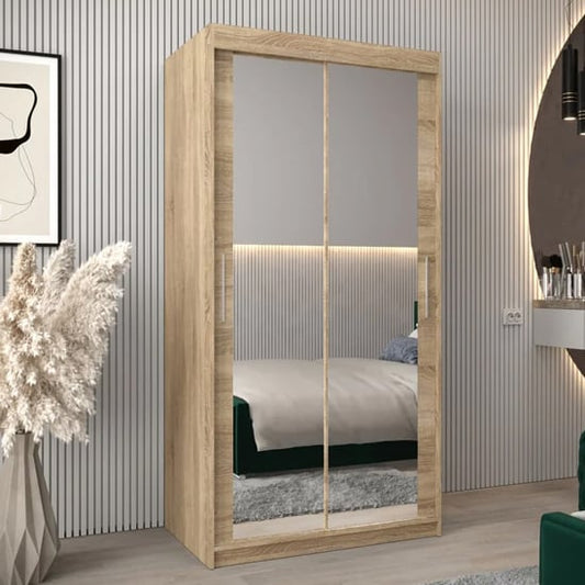 Tavira III 100cm 2 Door Mirrored Sliding Wardrobe | Sonoma Oak | Versatile Style | Furco