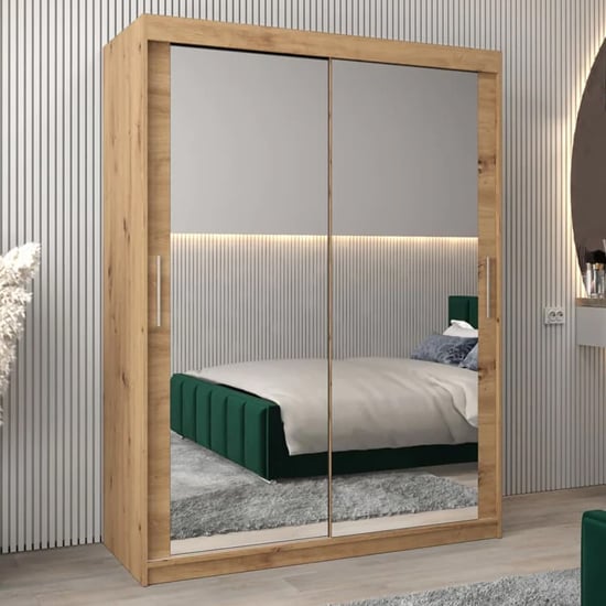 Tavira III Mirrored Wardrobe Sliding 2 Doors 150cm In Artisan Oak