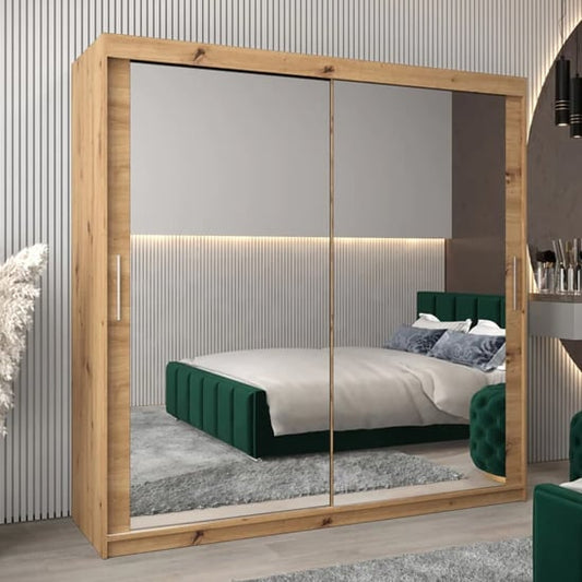 Tavira III 200cm 2 Door Mirrored Sliding Wardrobe | Artisan Oak Finish | Furco