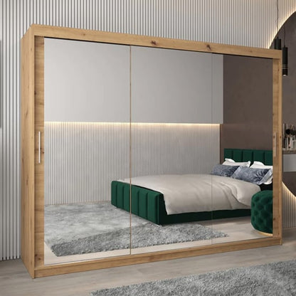 Tavira III 250cm Mirrored Sliding Wardrobe | 3 Doors in Artisan Oak | Rustic Elegance | Furco