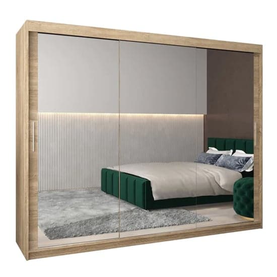 Tavira III 250cm Mirrored Sliding Wardrobe | 3 Doors in Sonoma Oak | Furco