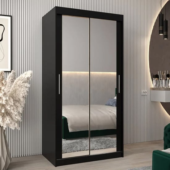 Tavira III 100cm 2 Door Mirrored Sliding Wardrobe | Elegant Black | Contemporary Flair | Furco