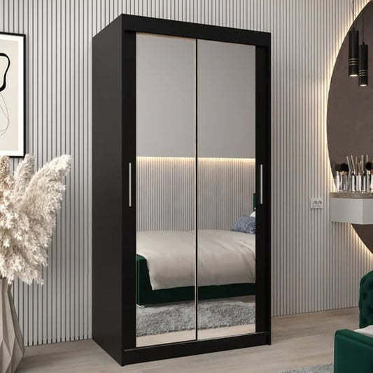 Tavira III 100cm 2 Door Mirrored Sliding Wardrobe | Elegant Black | Contemporary Flair | Furco