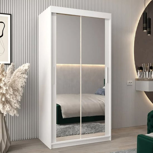 Tavira III 100cm 2 Door Mirrored Sliding Wardrobe | Crisp White | Sleek Design | Furco