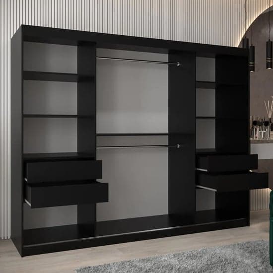 Tavira III 250cm Mirrored Sliding Wardrobe | 3 Doors in Black | Contemporary Chic | Furco