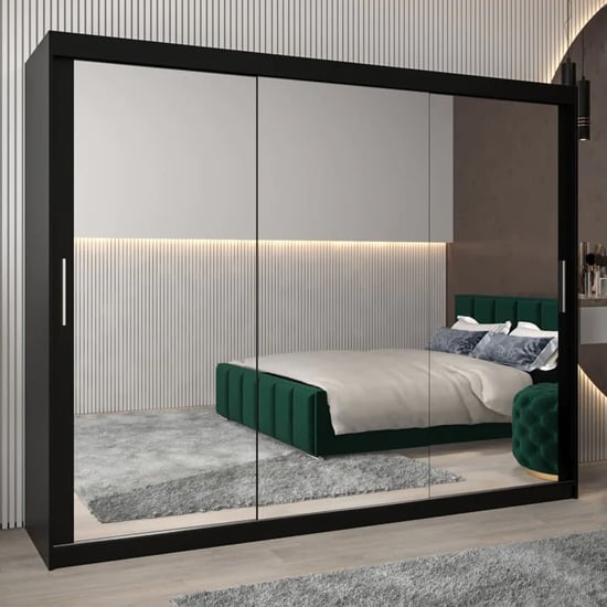 Tavira III 250cm Mirrored Sliding Wardrobe | 3 Doors in Black | Contemporary Chic | Furco