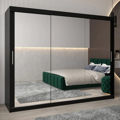 Tavira III 250cm Mirrored Sliding Wardrobe | 3 Doors in Black | Contemporary Chic | Furco