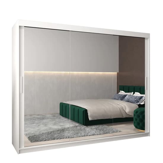 Tavira III 250cm Mirrored Sliding Wardrobe | 3 Doors in White | Sleek Design | Furco