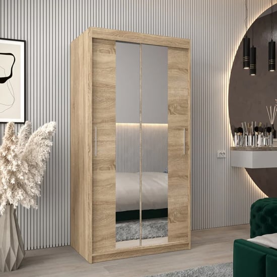 Tavira I Mirrored Wardrobe Sliding 2 Doors 100cm In Sonoma Oak