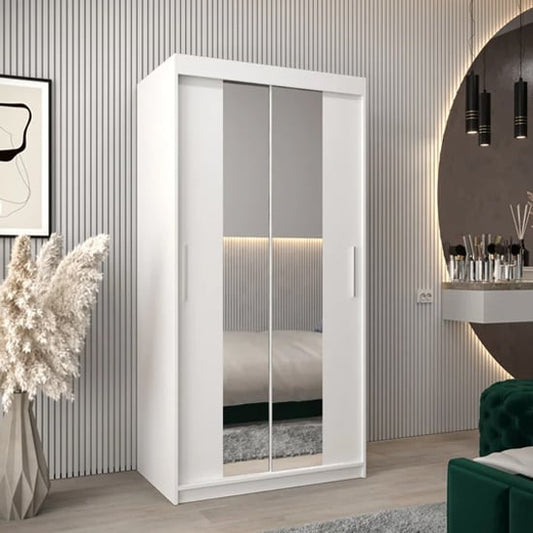 Tavira I Mirrored Wardrobe Sliding 2 Doors 100cm In White