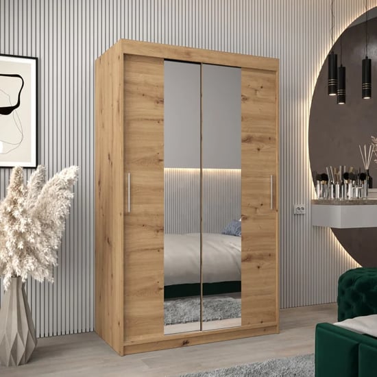 Tavira I 120cm 2 Door Mirrored Sliding Wardrobe | Rustic Artisan Oak | Furco