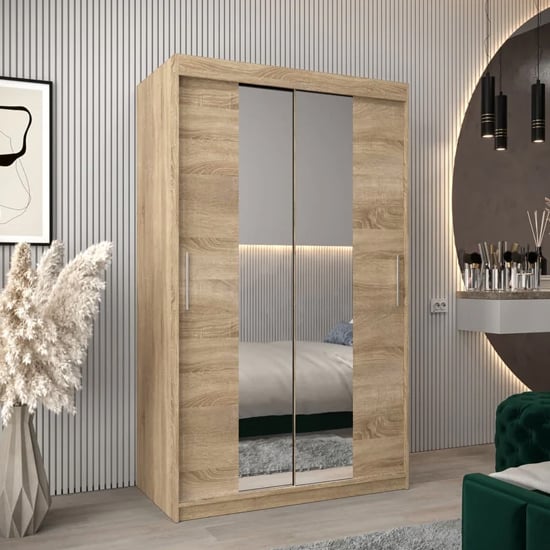 Tavira I Mirrored Wardrobe Sliding 2 Doors 120cm In Sonoma Oak