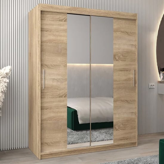 Tavira I Mirrored Wardrobe Sliding 2 Doors 150cm In Sonoma Oak