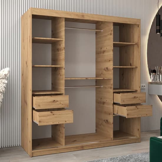 Tavira I Mirrored Wardrobe Sliding 2 Doors 180cm In Artisan Oak