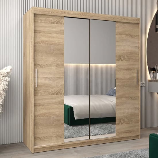 Tavira I Mirrored Wardrobe Sliding 2 Doors 180cm In Sonoma Oak
