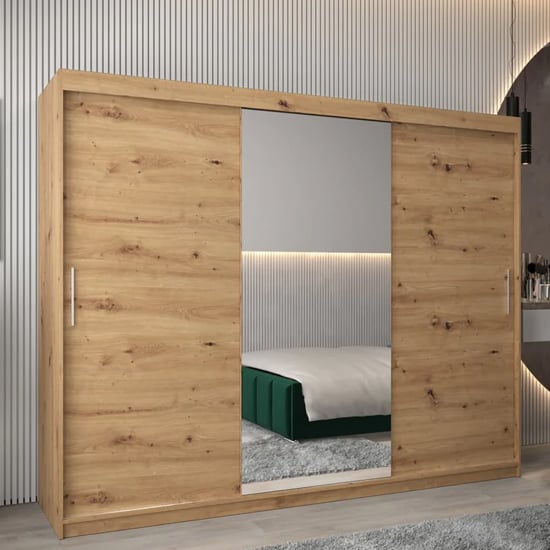 Tavira I 250cm 3 Door Mirrored Sliding Wardrobe | Artisan Oak Charm | Furco