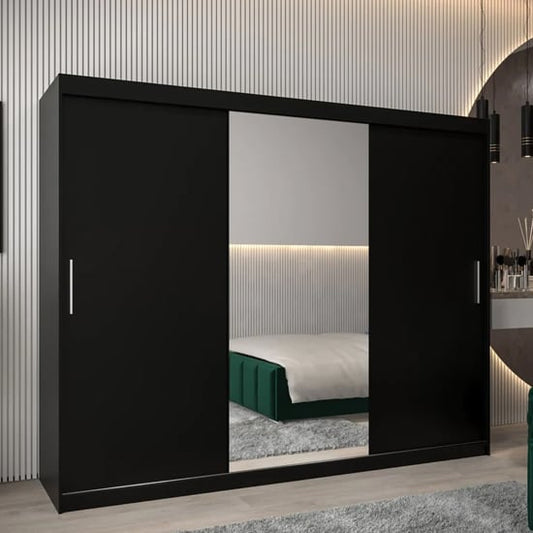 Tavira I 250cm 3 Door Mirrored Sliding Wardrobe | Sleek Black | Furco