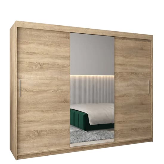 Tavira I 250cm 3 Door Mirrored Sliding Wardrobe | Sonoma Oak Elegance | Furco