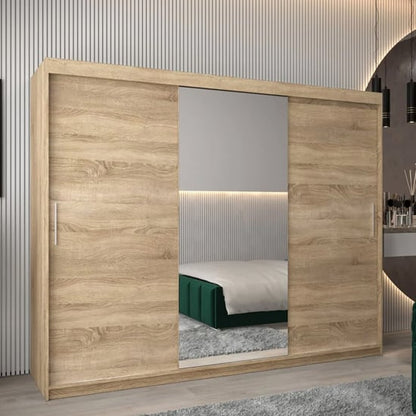 Tavira I 250cm 3 Door Mirrored Sliding Wardrobe | Sonoma Oak Elegance | Furco
