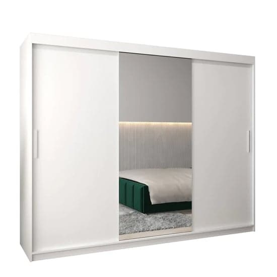 Tavira I 250cm 3 Door Mirrored Sliding Wardrobe | Crisp White | Furco