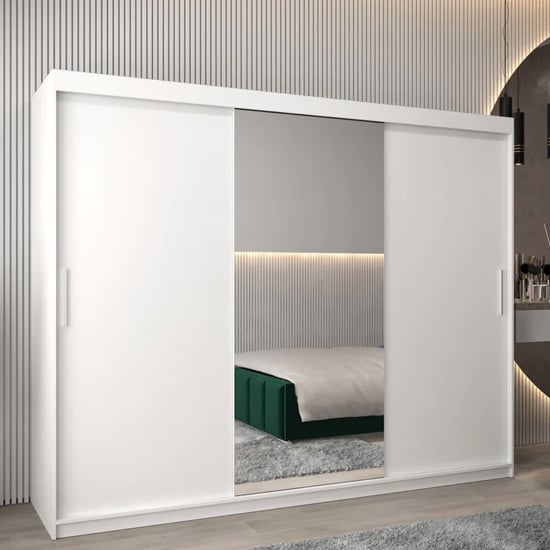 Tavira I 250cm 3 Door Mirrored Sliding Wardrobe | Crisp White | Furco
