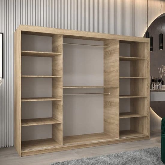 Tavira Wooden Wardrobe Sliding 3 Doors 250cm In Sonoma Oak