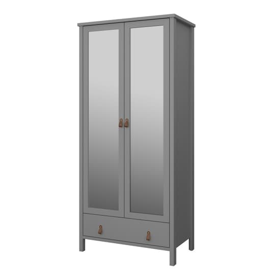 Trams Mirrored Wardrobe 2 Doors In Grey With Leather Handles