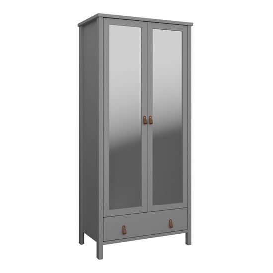 Trams Mirrored Wardrobe 2 Doors In Grey With Leather Handles