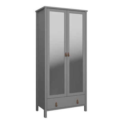 Trams Mirrored Wardrobe 2 Doors In Grey With Leather Handles