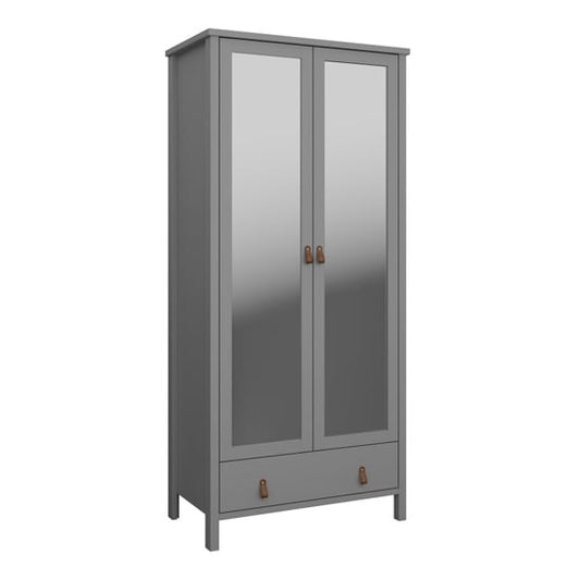 Trams Mirrored Wardrobe 2 Doors In Grey With Leather Handles