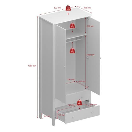 Trams Wooden Wardrobe With 2 Doors 2 Drawers In Grey