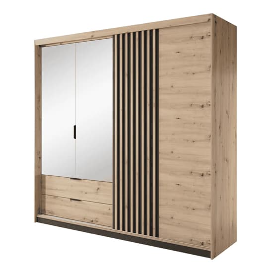 Turin 4 Door Hinged Mirrored Wardrobe | Artisan Oak with 2 Drawers & LED | Furco