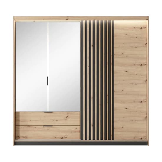 Turin 4 Door Hinged Mirrored Wardrobe | Artisan Oak with 2 Drawers & LED | Furco