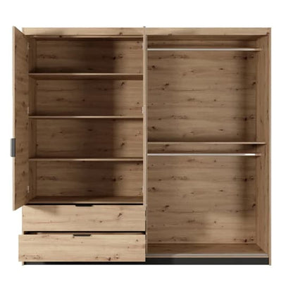 Turin 4 Door Hinged Mirrored Wardrobe | Artisan Oak with 2 Drawers & LED | Furco