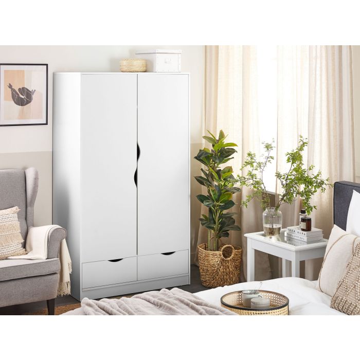 Wardrobe White Particle Board Minimalistic Hinged Doors 2 Drawers Clothes Rail Shelf Bedroom Storage 