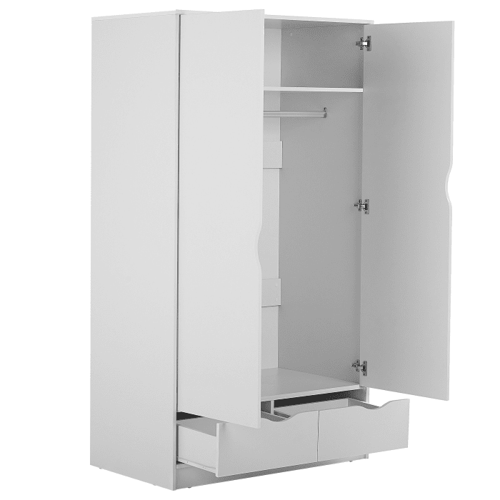 Wardrobe White Particle Board Minimalistic Hinged Doors 2 Drawers Clothes Rail Shelf Bedroom Storage 